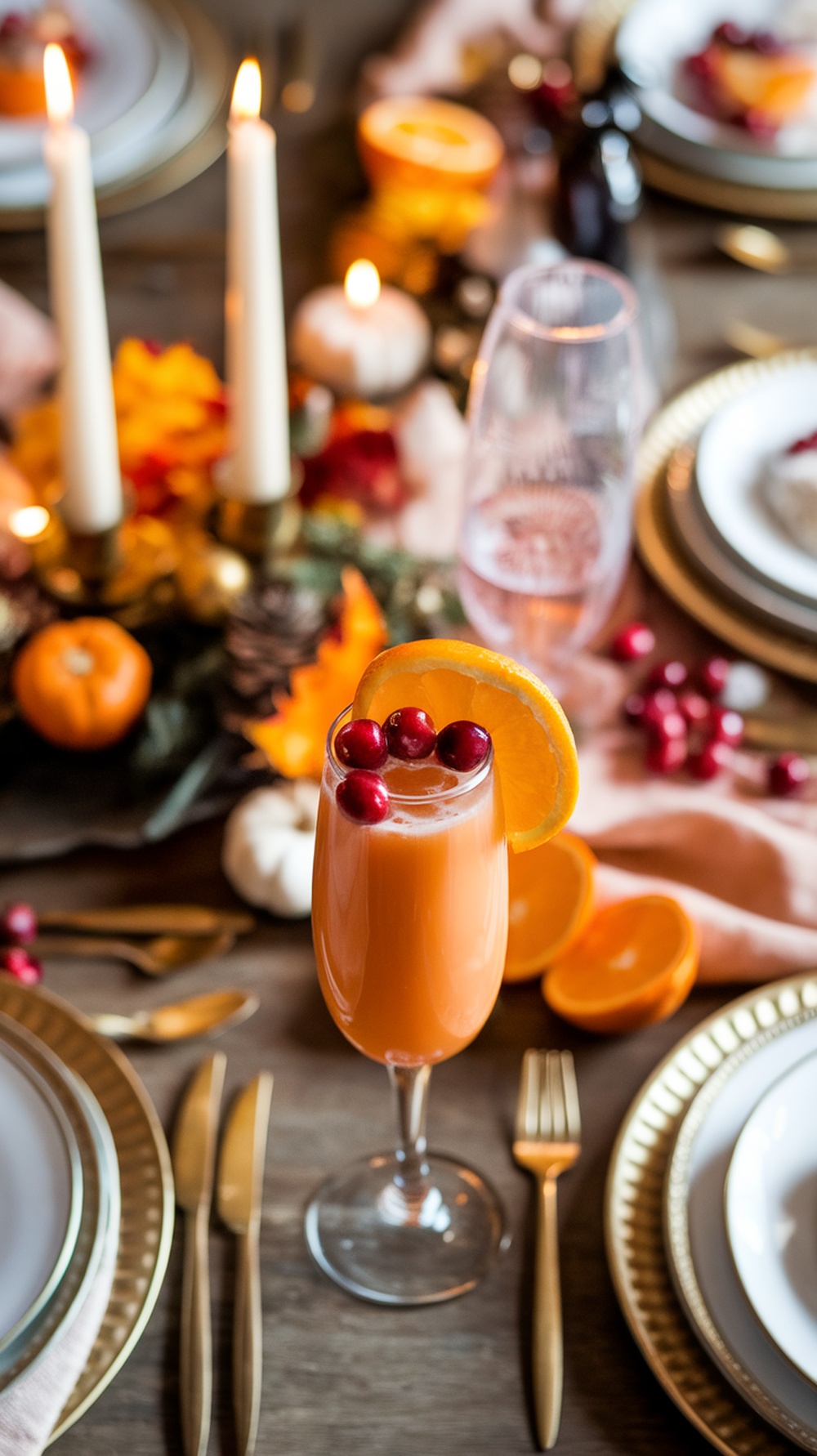 A festive Cranberry Orange Mimosa garnished with cranberries and an orange slice, set on a beautifully decorated Thanksgiving table.