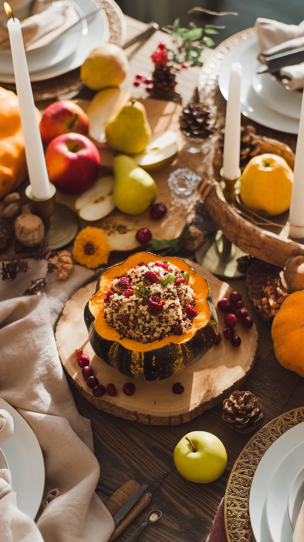 Savory stuffed acorn squash with quinoa and cranberries, surrounded by autumn fruits and decor.
