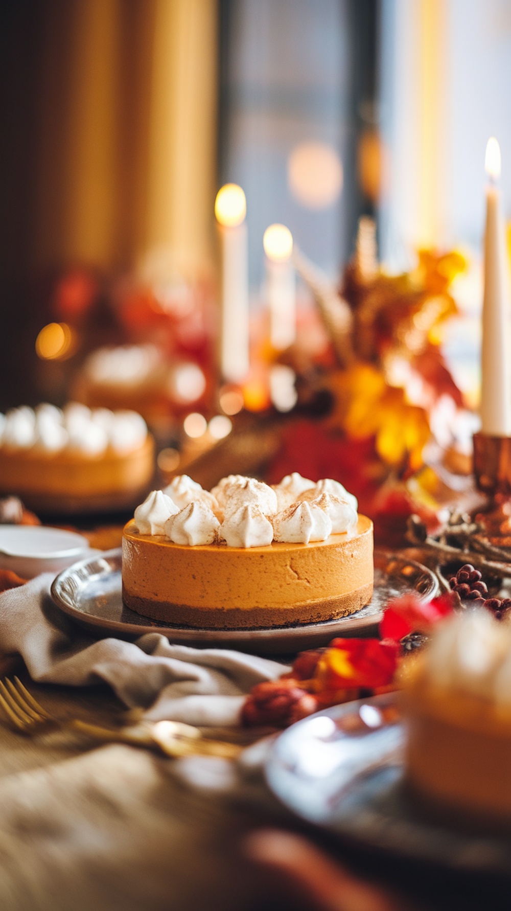 A beautifully presented pumpkin spice cheesecake topped with whipped cream, surrounded by autumn decorations.