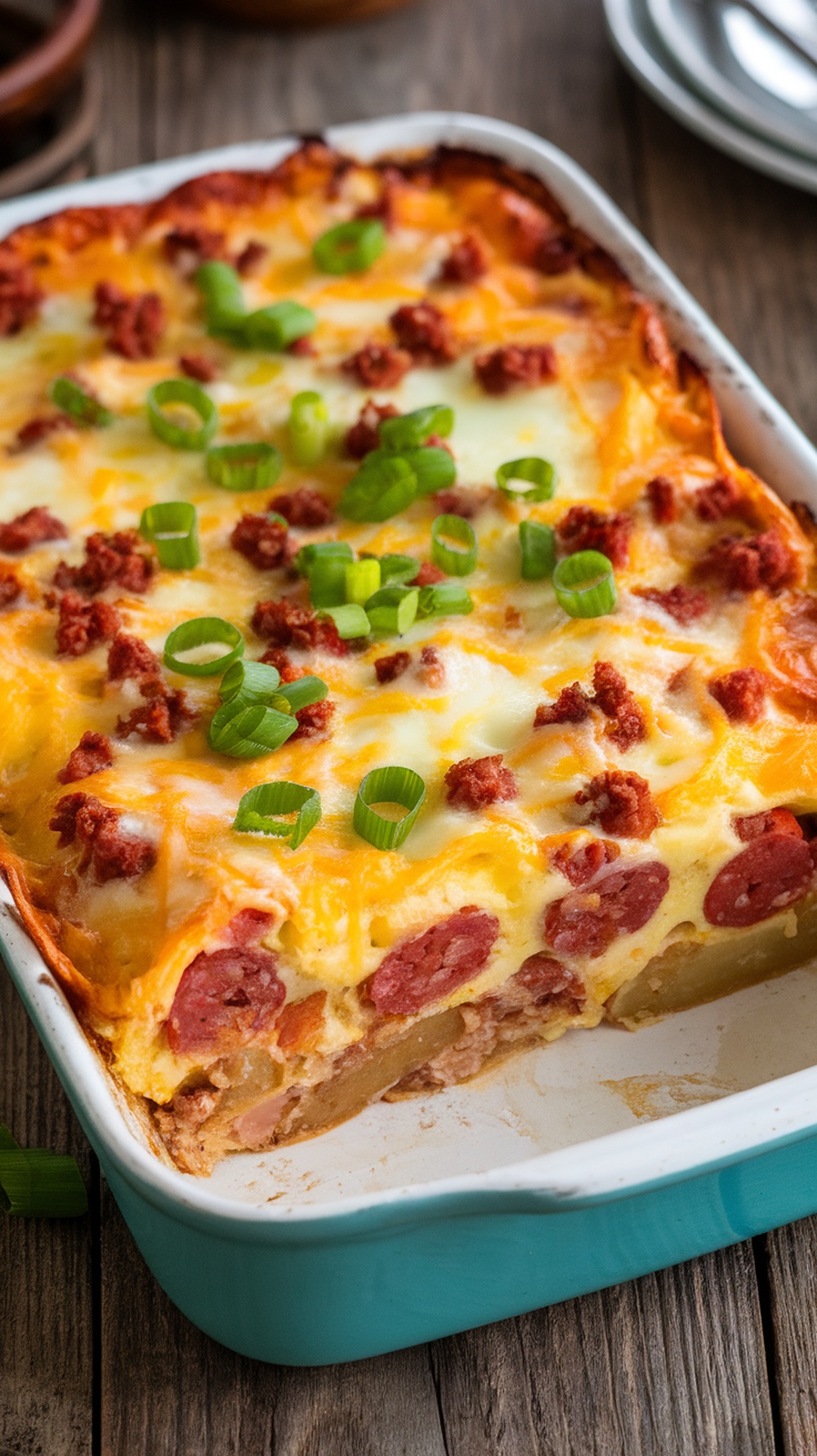 Chorizo and Potato Breakfast Bake with melted cheese and green onions on a rustic table.