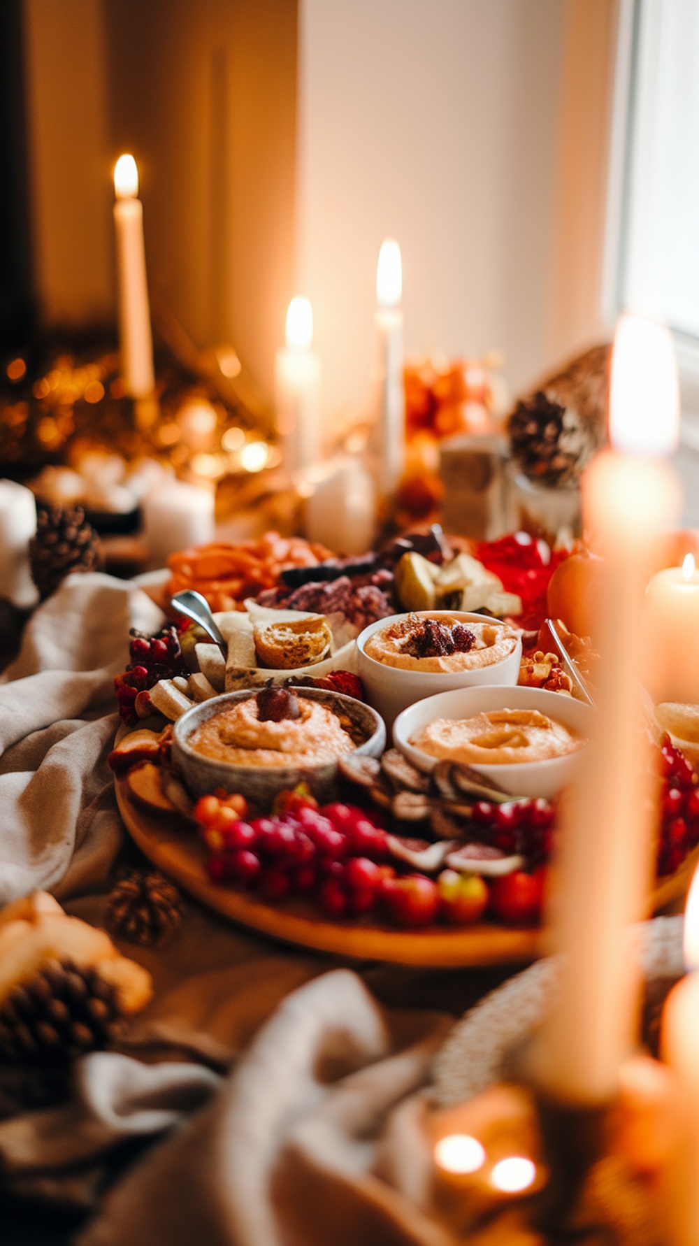 A beautifully arranged Thanksgiving charcuterie board featuring homemade dips and spreads, surrounded by fruits and candles.