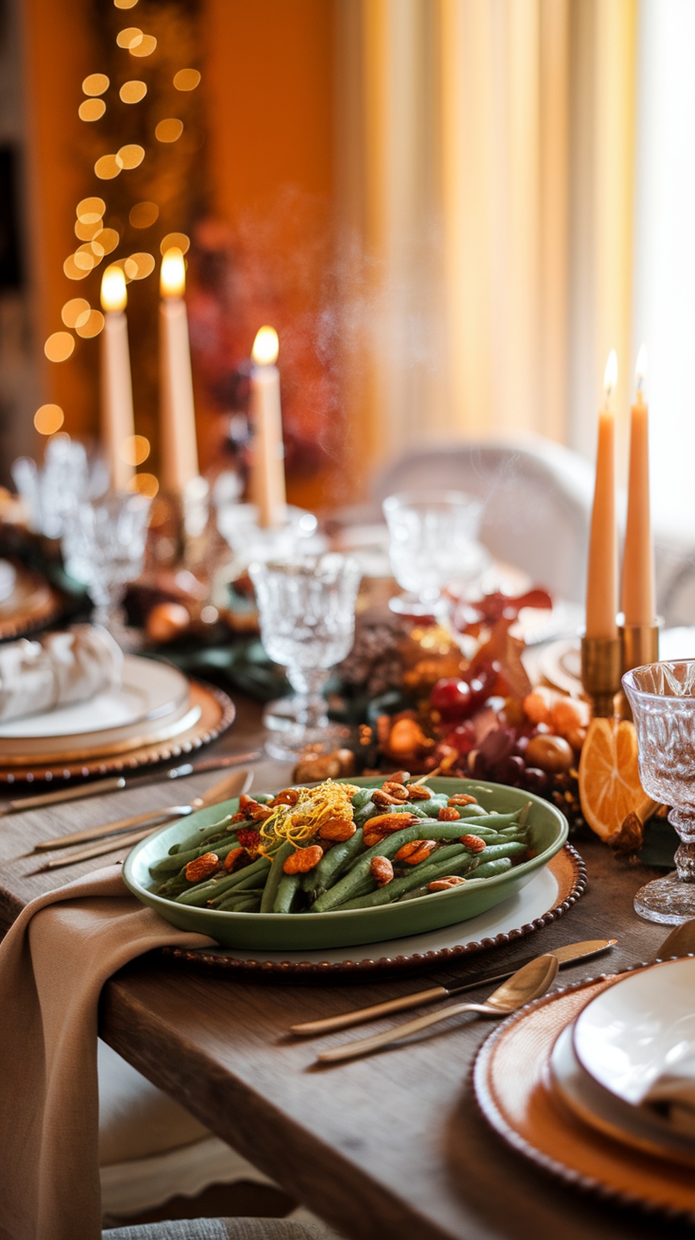 A festive table setting featuring green bean almondine with almonds and lemon zest, surrounded by candles and autumn decor.