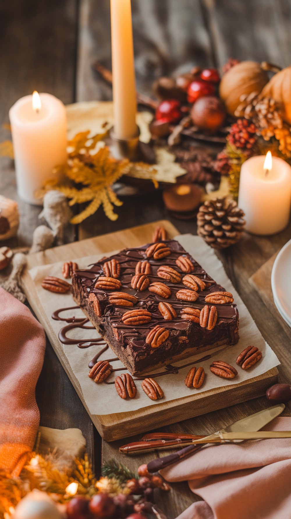 Pecan pie brownies topped with whole pecans, surrounded by autumn decorations