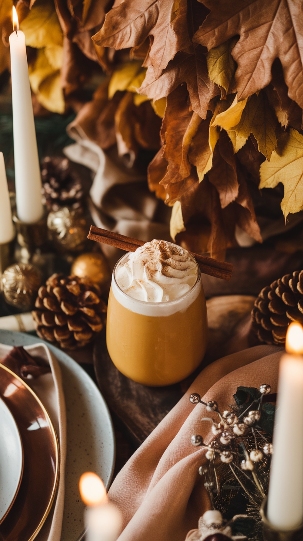 A Pumpkin Spice White Russian cocktail garnished with whipped cream and a cinnamon stick, surrounded by autumn leaves and festive decor.