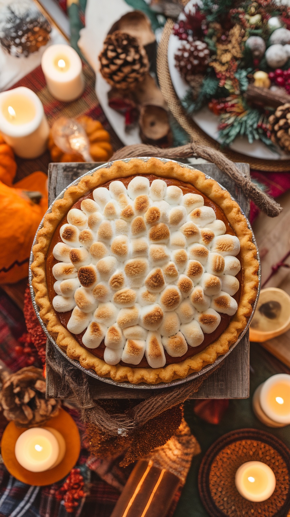 A beautifully baked sweet potato pie topped with toasted marshmallows, surrounded by autumn decorations.