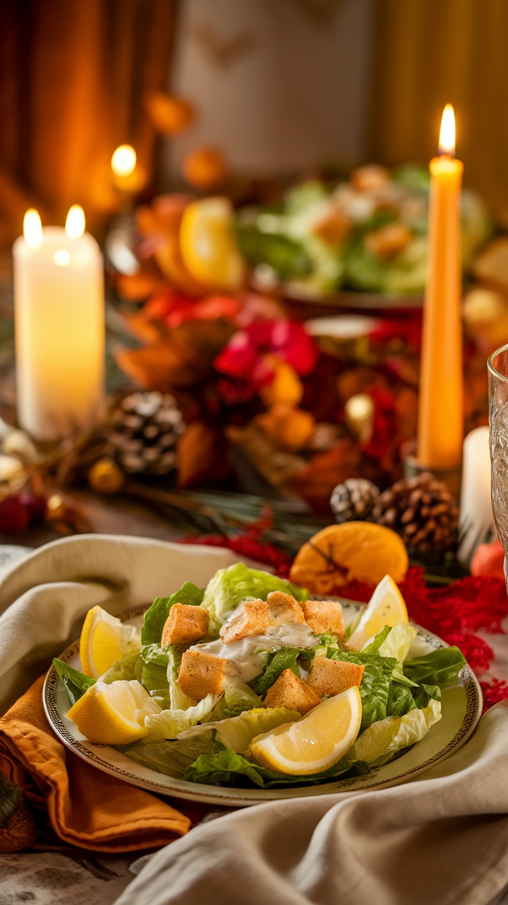 A classic Caesar salad with romaine lettuce, croutons, and lemon wedges, set in a cozy, autumn-themed dining atmosphere.
