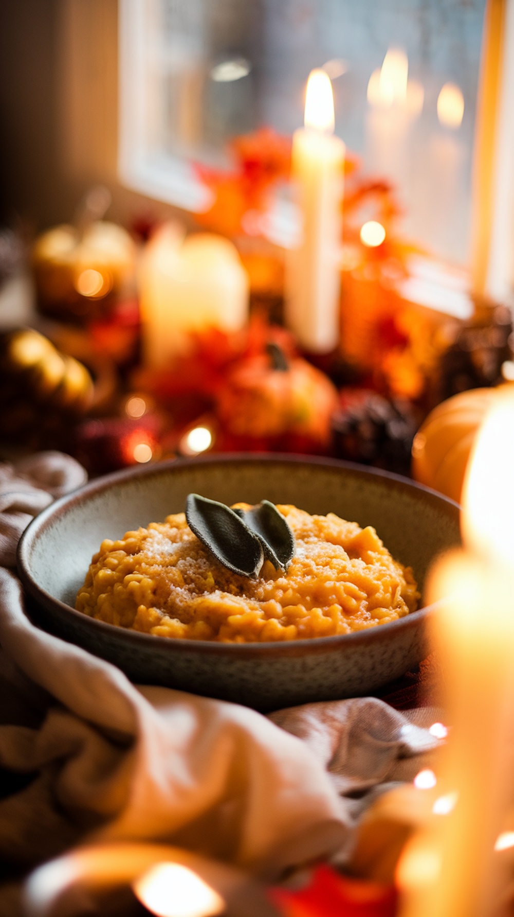 A bowl of pumpkin sage risotto garnished with sage leaves, surrounded by autumn decorations and candles.