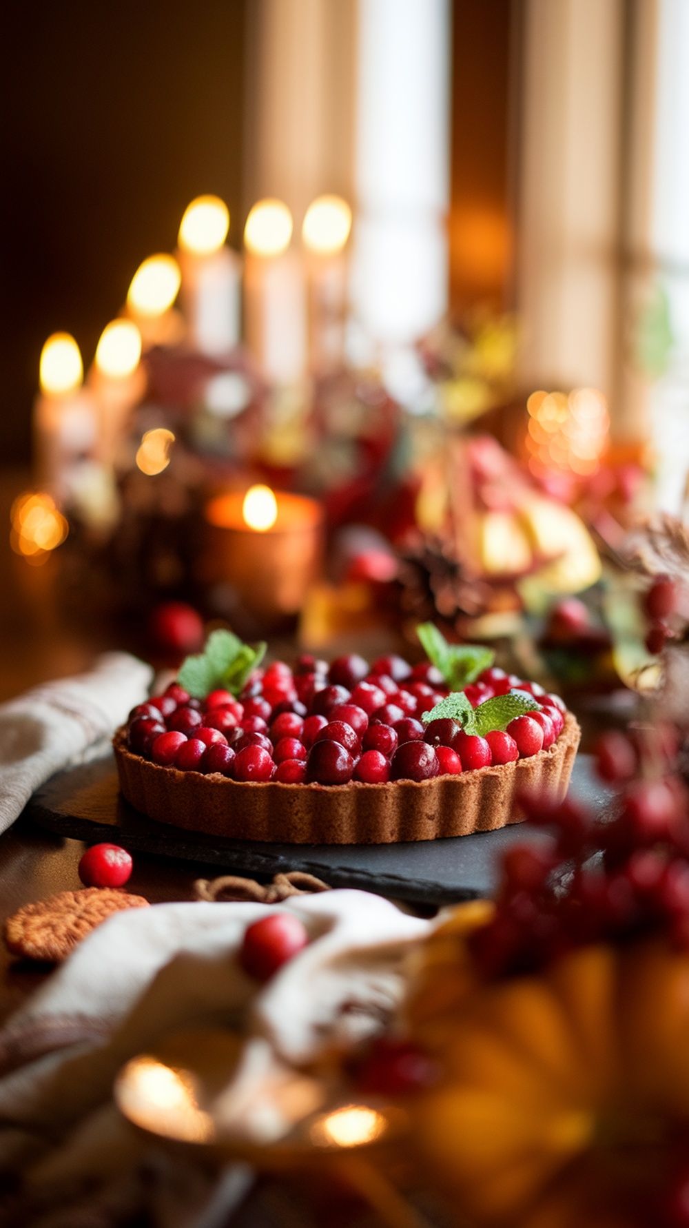 A beautifully arranged chocolate cranberry tart garnished with fresh cranberries and mint leaves, set against a cozy, festive background.