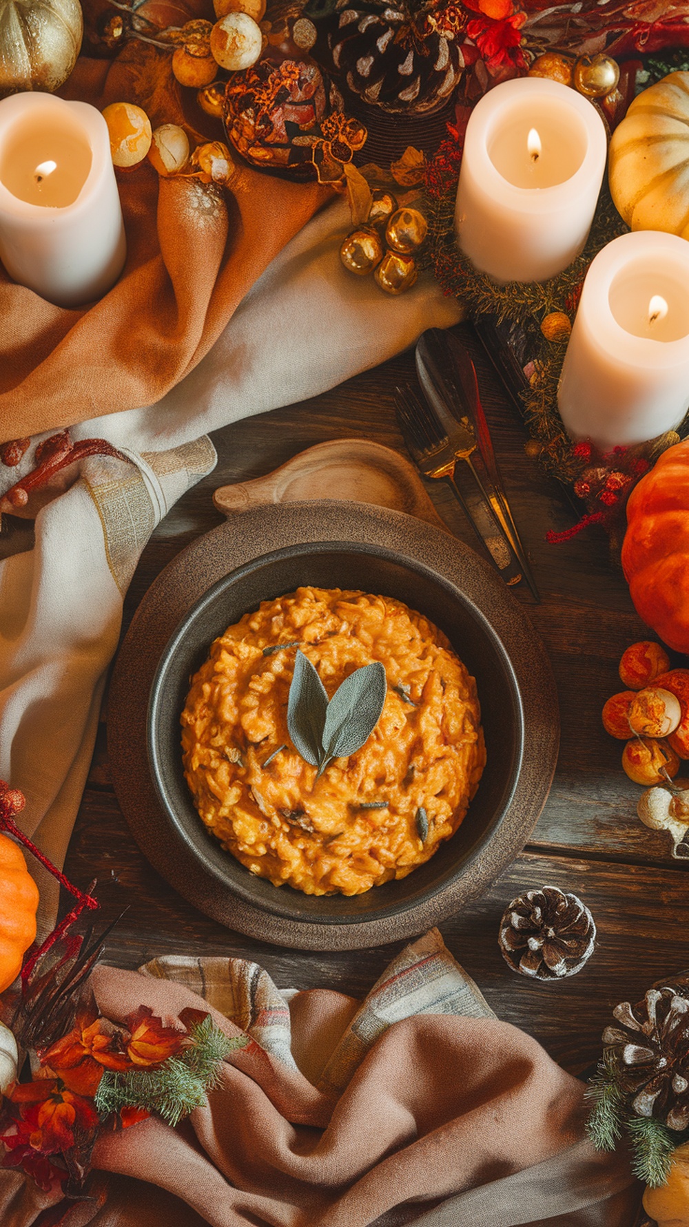 A bowl of creamy pumpkin sage risotto surrounded by autumn decorations.