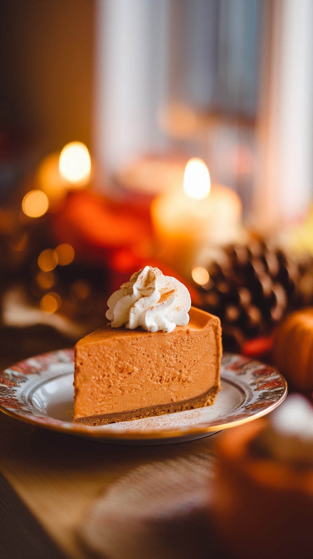 A slice of pumpkin spice cheesecake with whipped cream on a decorative plate, surrounded by autumn decorations.