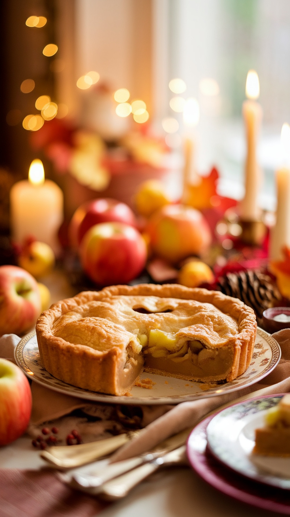 A freshly baked apple pie with a flaky crust, surrounded by apples and autumn decorations.