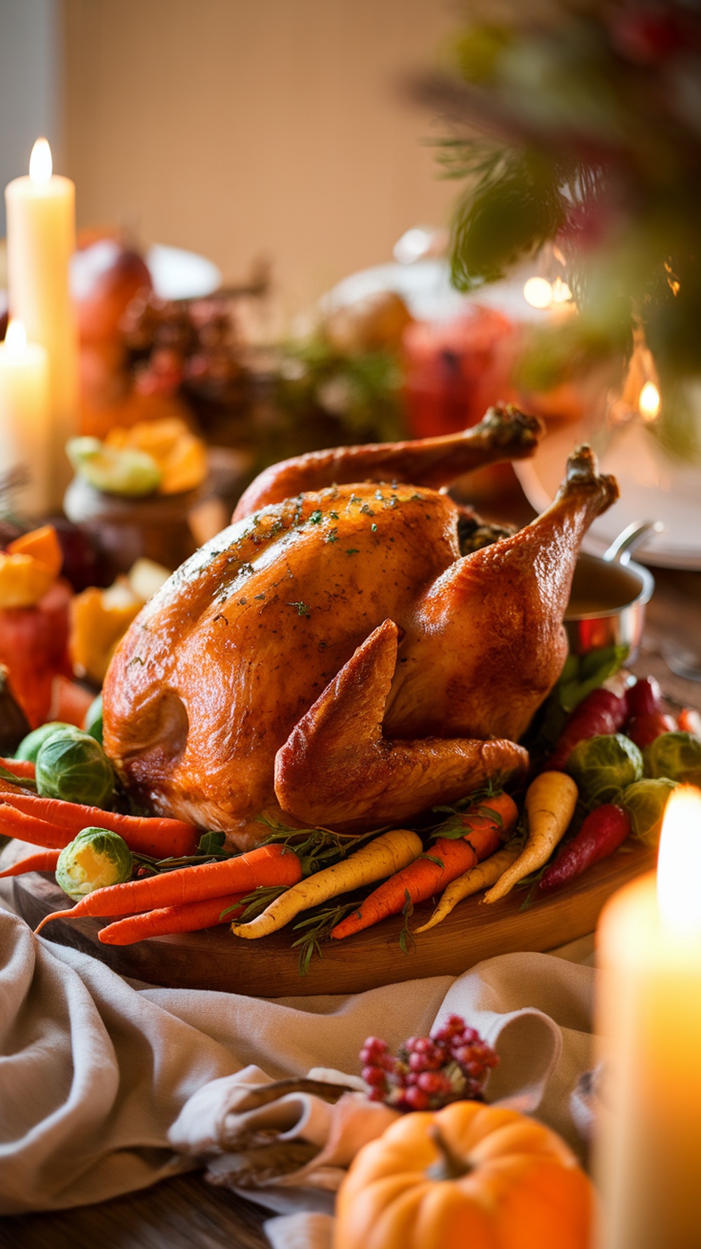 A beautifully roasted turkey surrounded by colorful vegetables on a festive Thanksgiving table.