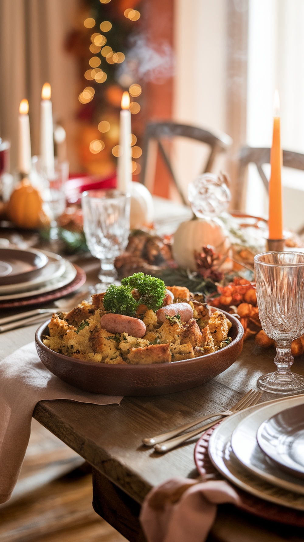 A bowl of savory herb stuffing with sausage, garnished with parsley, on a beautifully set Thanksgiving table.