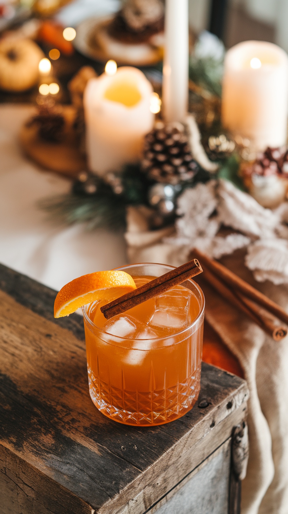 A Maple Cinnamon Old Fashioned cocktail garnished with an orange slice and cinnamon stick.