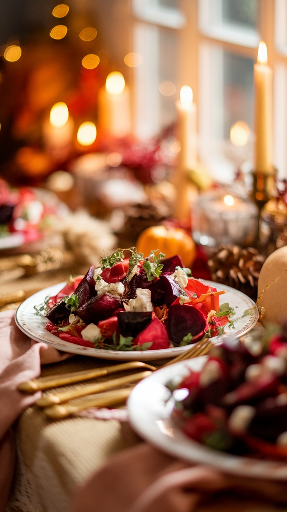 A beautifully arranged roasted beet and goat cheese salad on a festive table setting.