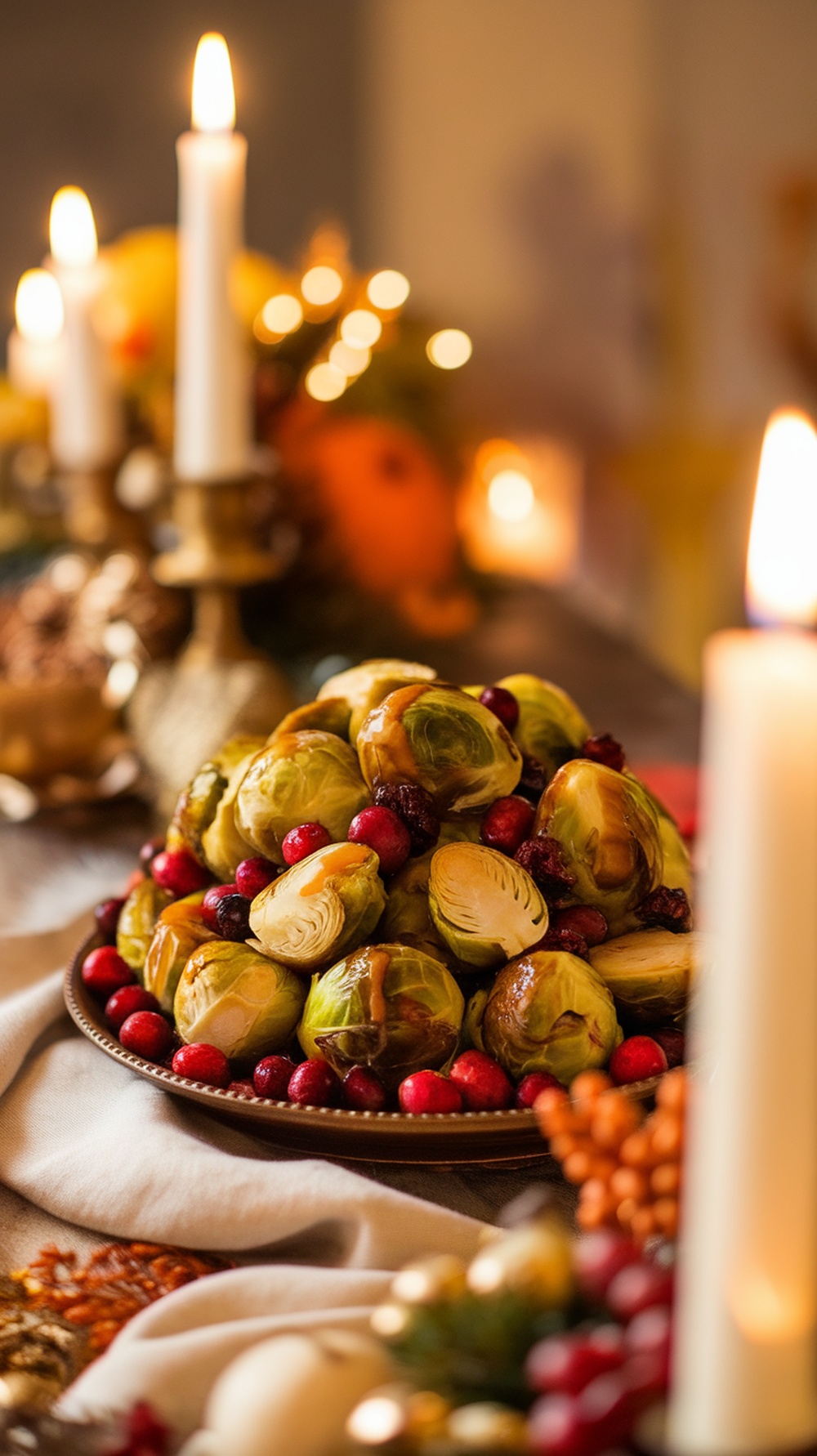 A festive plate of maple-glazed Brussels sprouts garnished with cranberries, perfect for Thanksgiving dinner.