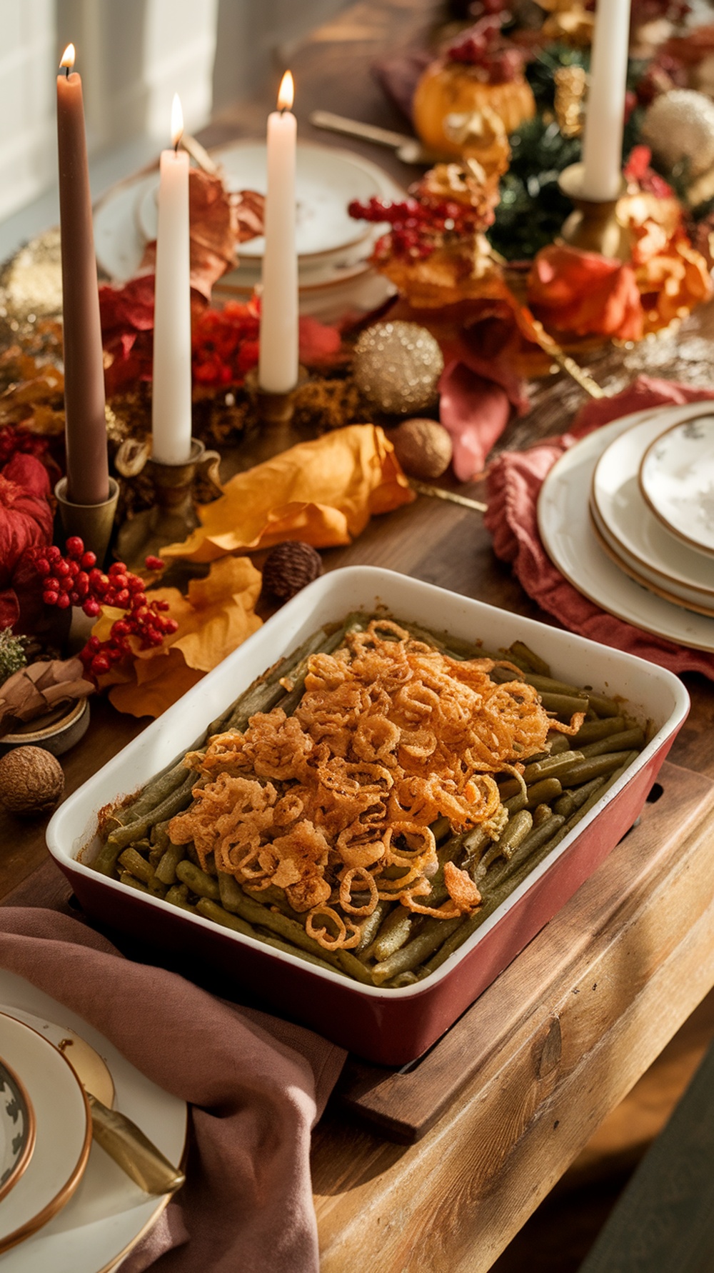A vegan green bean casserole topped with crispy onions, served on a festive Thanksgiving table.