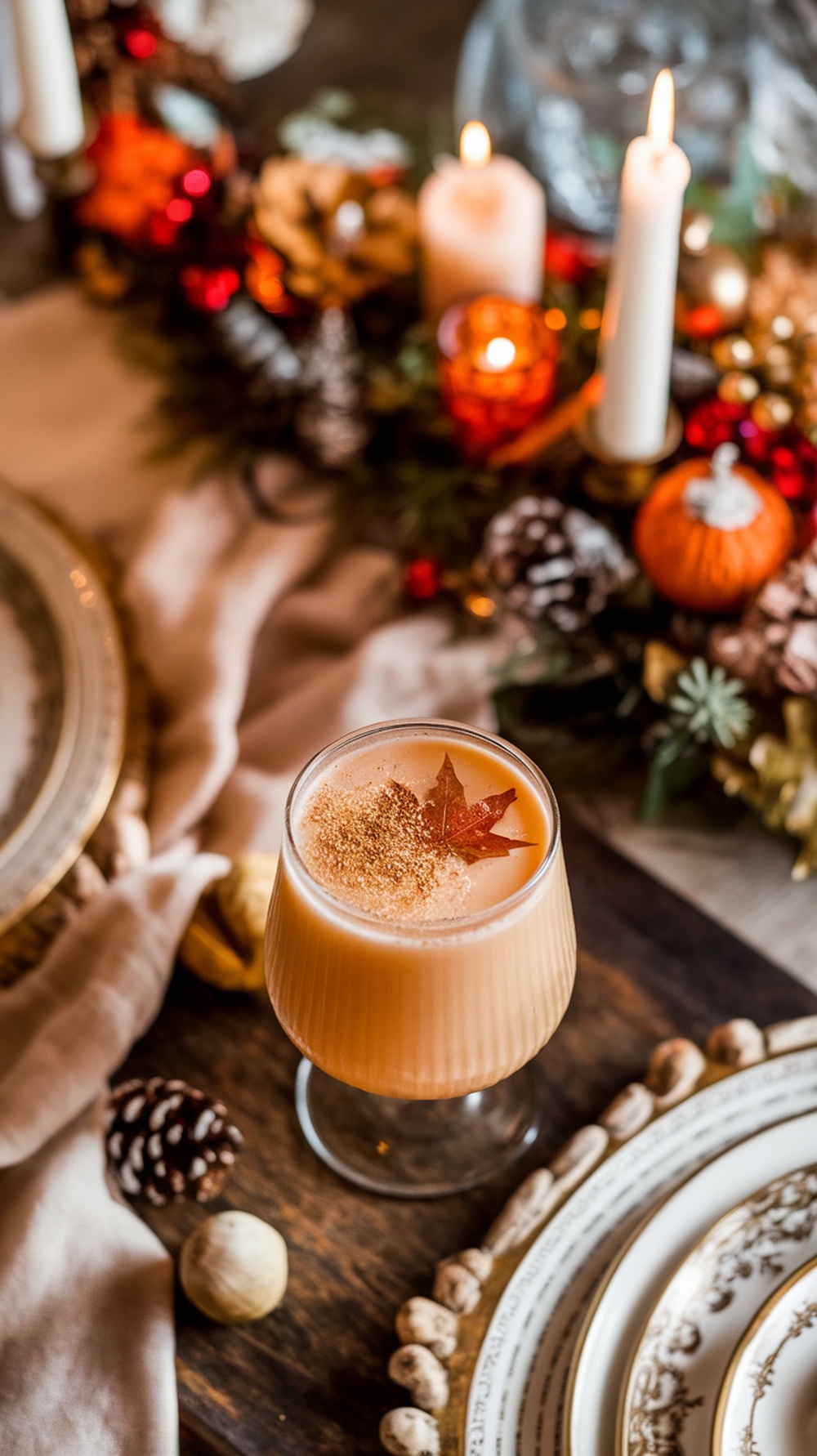 A Nutmeg and Maple Whiskey Sour cocktail garnished with a maple leaf, surrounded by autumn decorations.