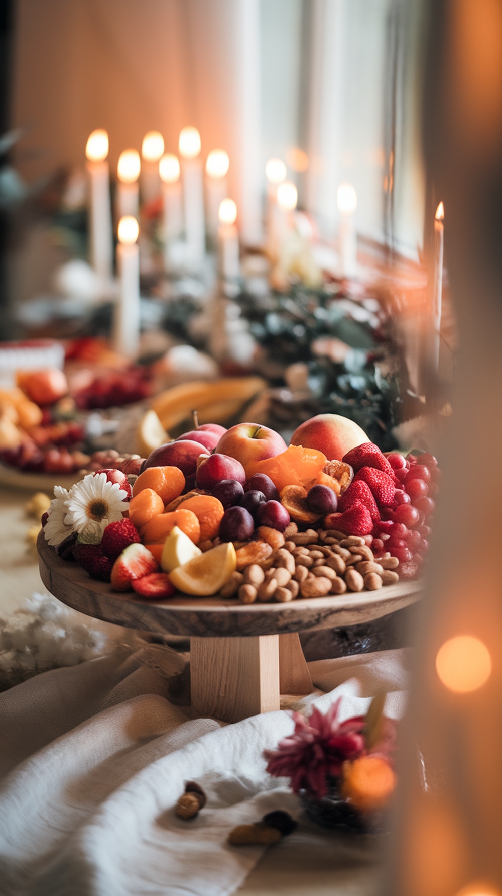 A beautifully arranged Thanksgiving charcuterie board featuring fresh fruits, dried treats, and nuts.