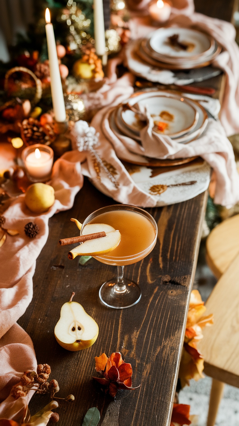 A Spiced Pear Martini garnished with a pear slice and cinnamon stick, set against a festive Thanksgiving table.