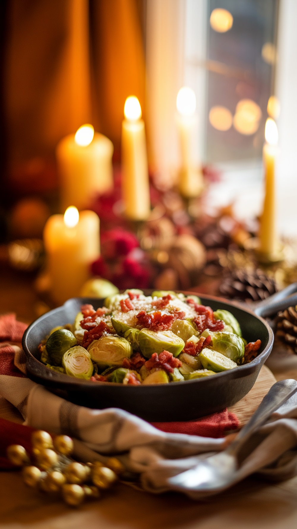 Warm Brussels sprout salad with bacon in a skillet, surrounded by candles and festive decor.