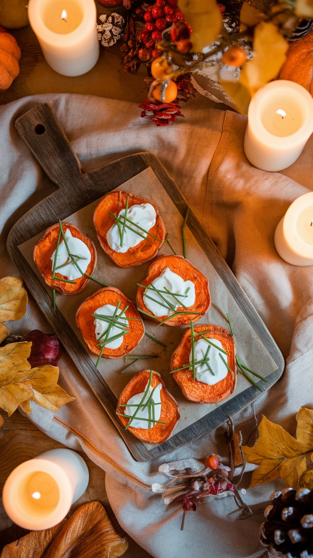 Savory sweet potato rounds topped with cream and chives on a wooden board