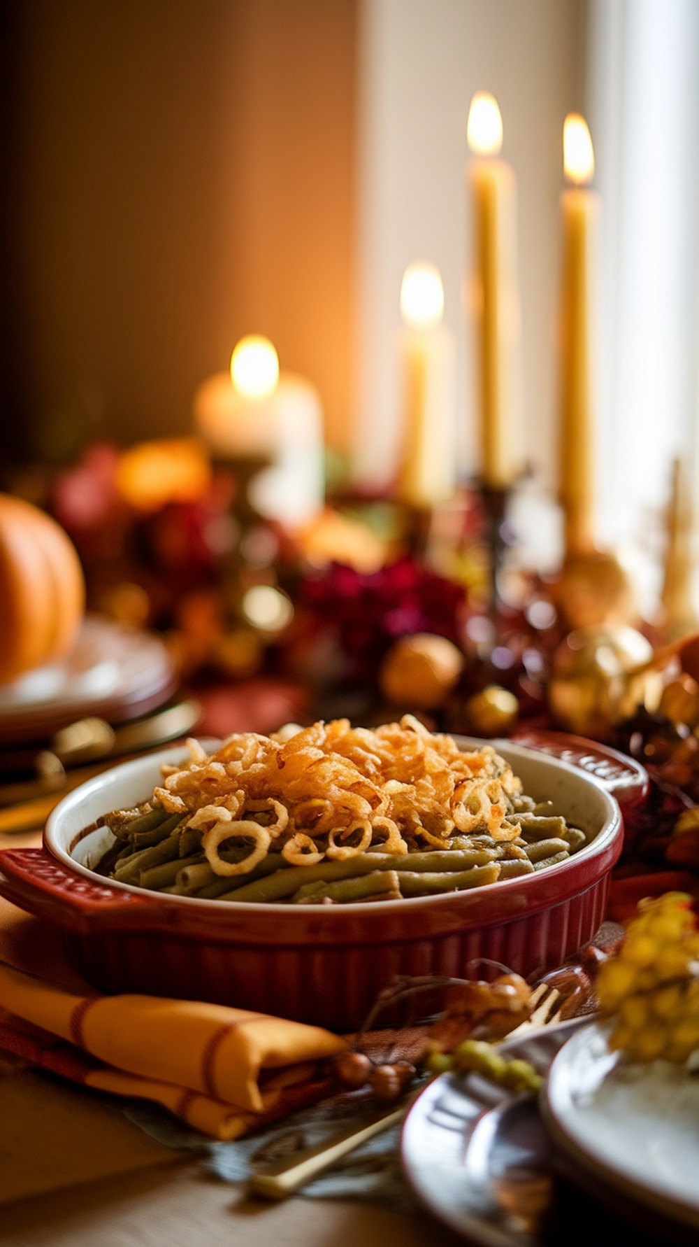 A classic green bean casserole topped with crispy fried onions, served on a festive Thanksgiving table.