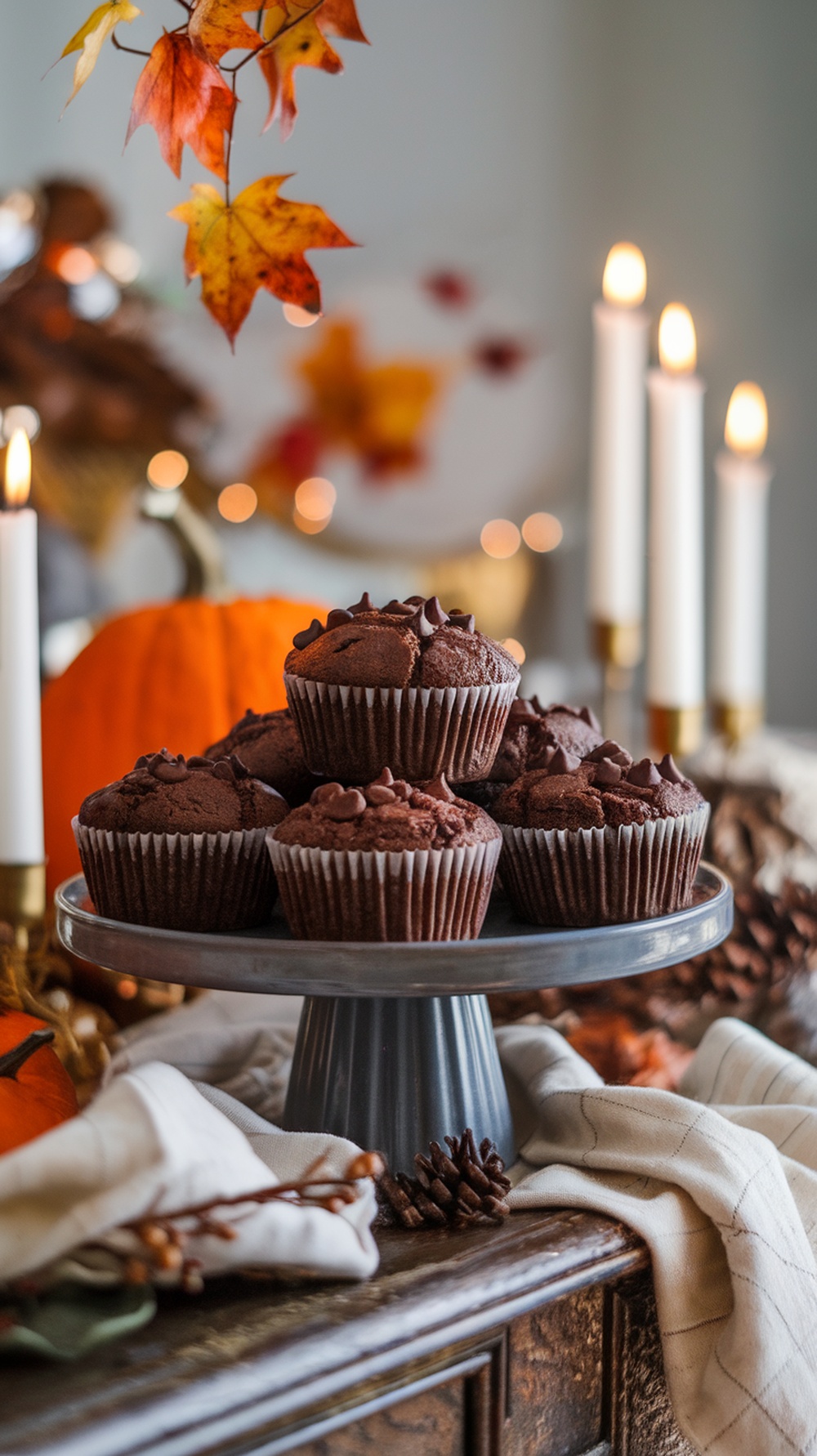 A plate of chocolate pumpkin muffins surrounded by autumn decorations.