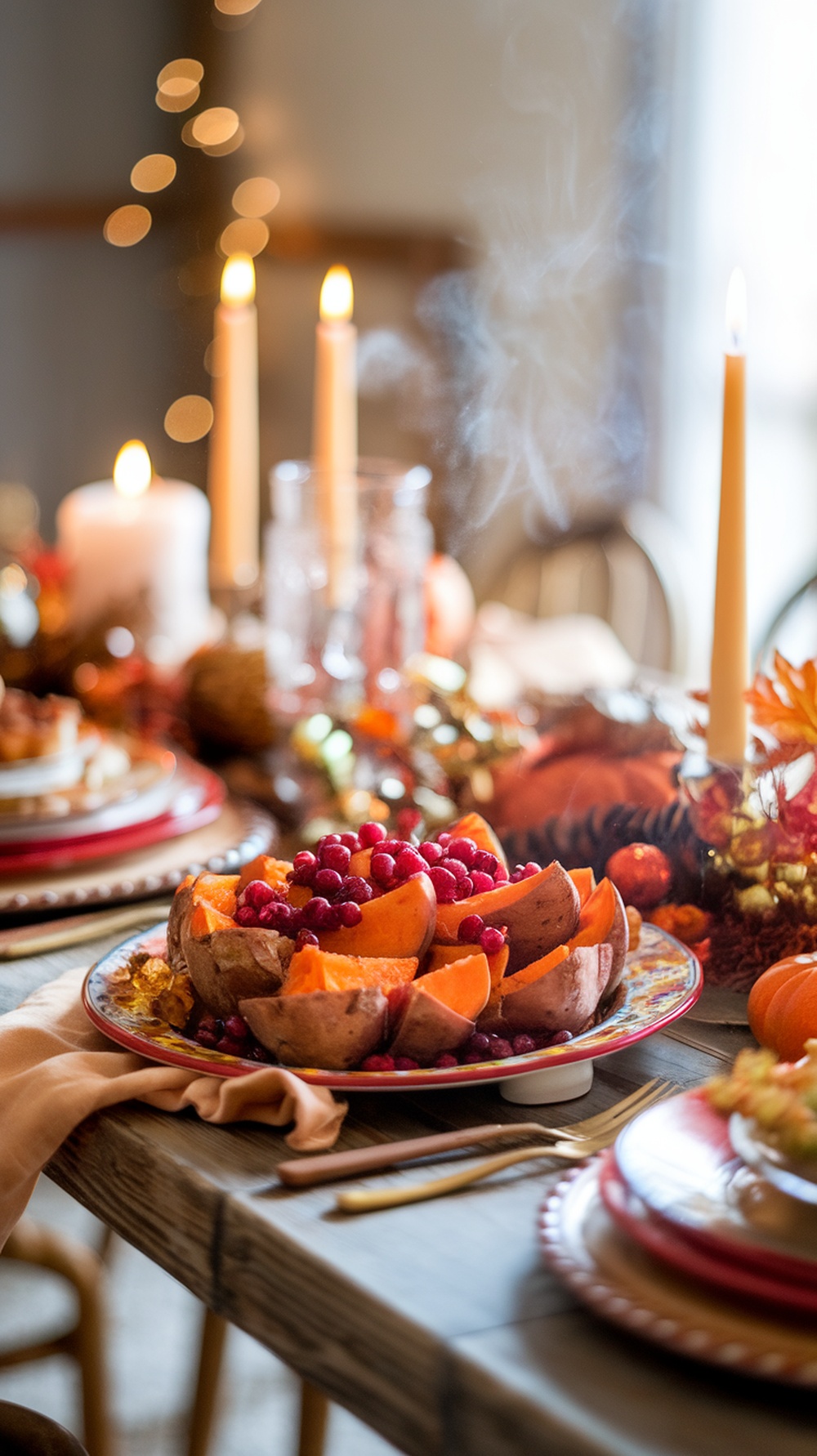 A festive table setting featuring roasted sweet potatoes with cranberries, surrounded by candles and autumn decorations.