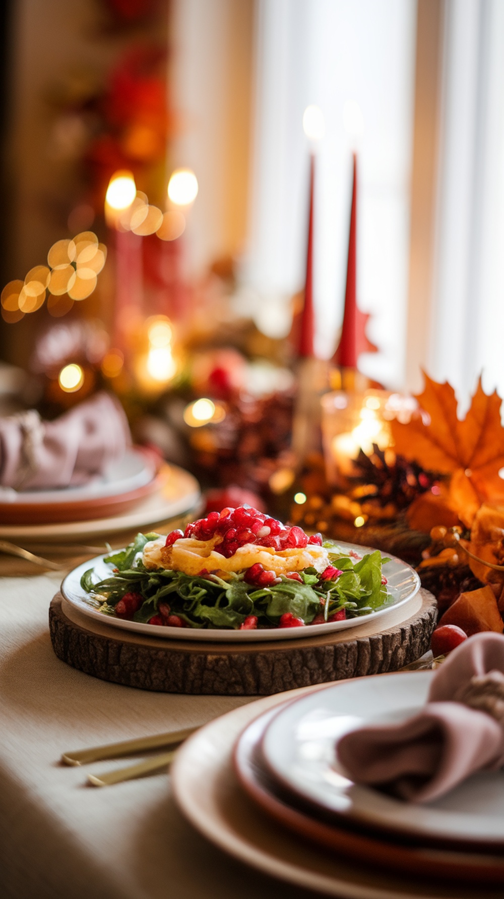 A festive Pomegranate Arugula Salad on a wooden platter, surrounded by a cozy Thanksgiving table setting.