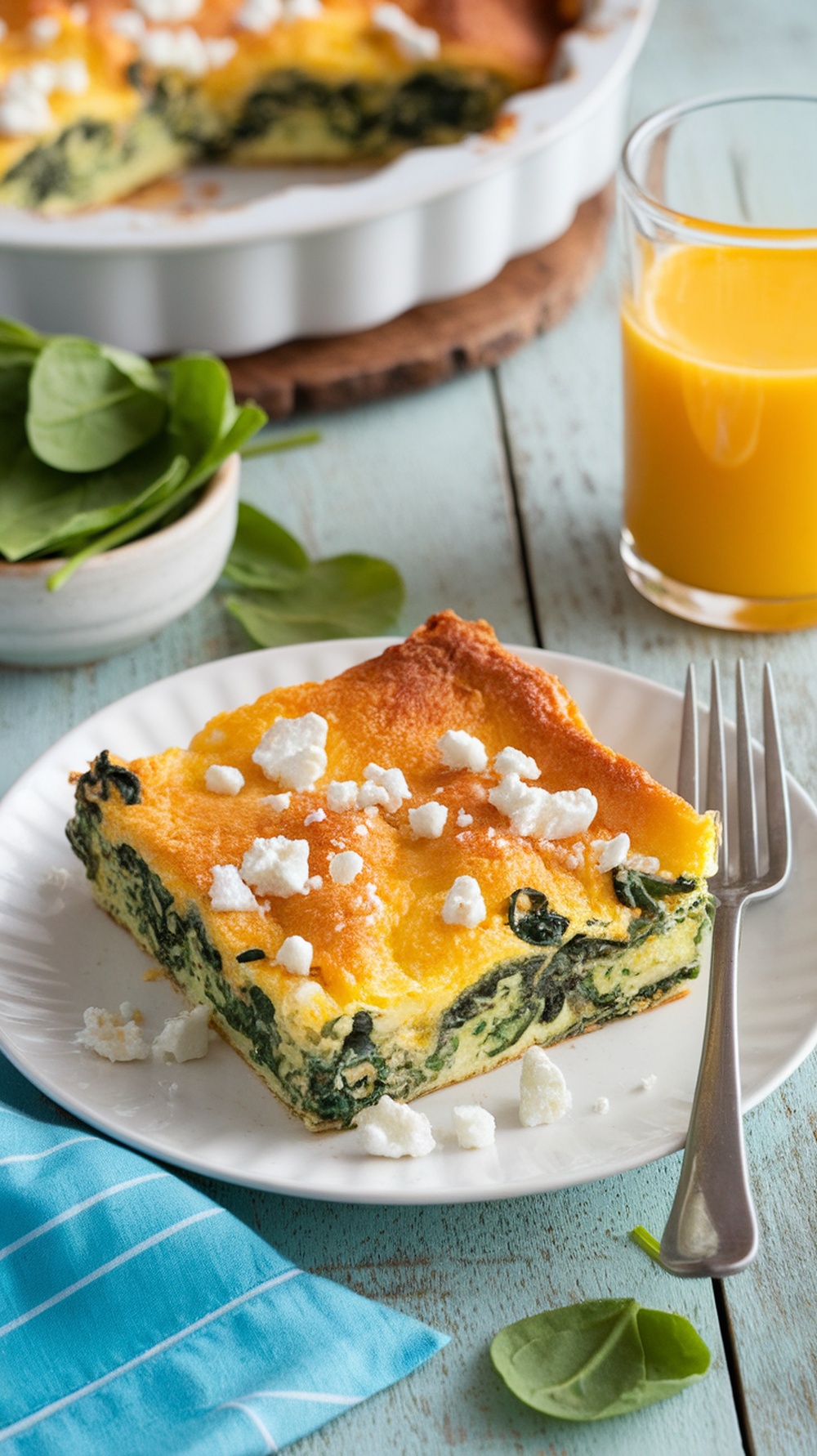 A slice of spinach and feta breakfast casserole on a plate, with fresh spinach and orange juice in the background.