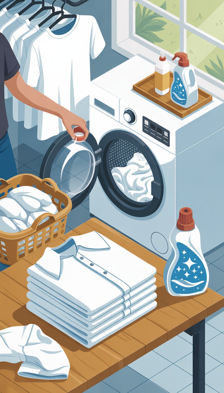 A person doing laundry with white clothes in a bright laundry room, showing a washing machine, detergent, and clean white clothes on a table and drying rack.