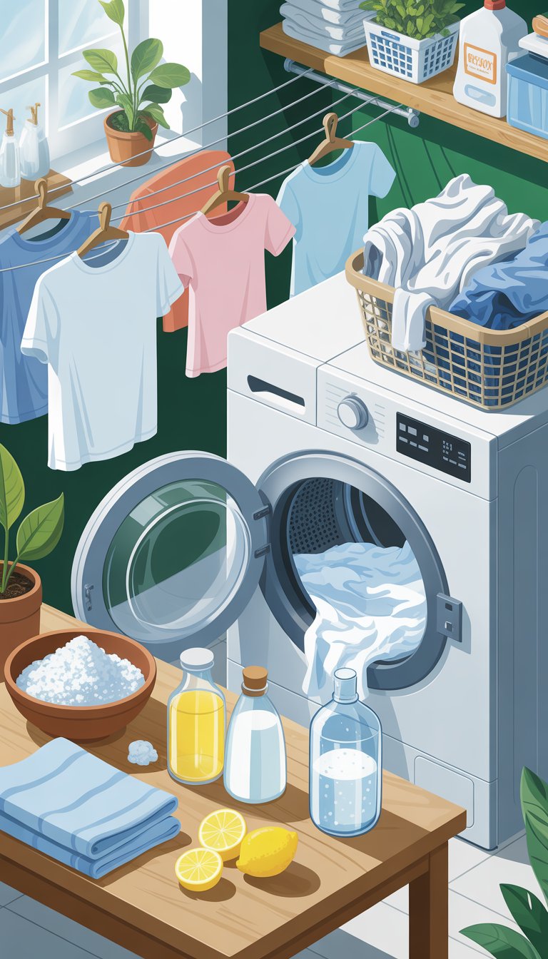 A bright laundry room with a washing machine, natural cleaning supplies on a table, and white clothes hanging on a clothesline.