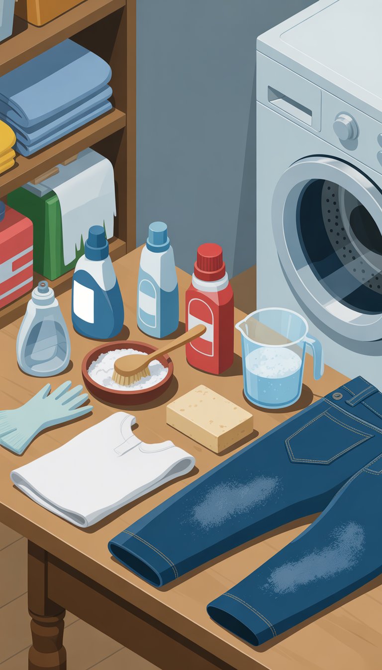 A workspace with stain removal tools and materials arranged on a table next to stained jeans, set in a laundry room with shelves and a washing machine.