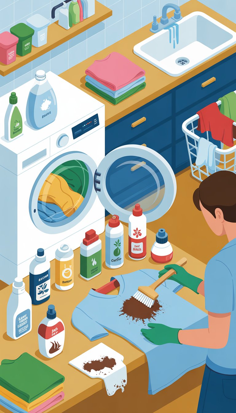A detailed laundry room scene showing a person treating stained clothes with cleaning products near a washing machine, surrounded by various stain removal supplies and clean folded laundry.