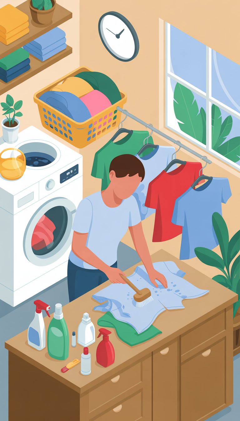 A person treating a stain on a shirt in a bright laundry room with a washing machine, cleaning supplies, and clothes drying on a rack.