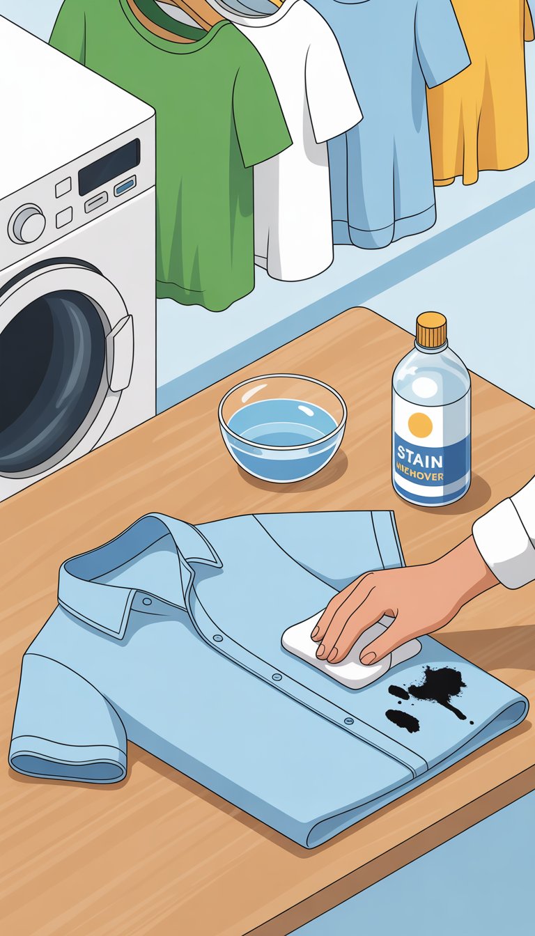 A person treating ink stains on a shirt using a cloth and stain remover, with a washing machine and drying rack nearby.