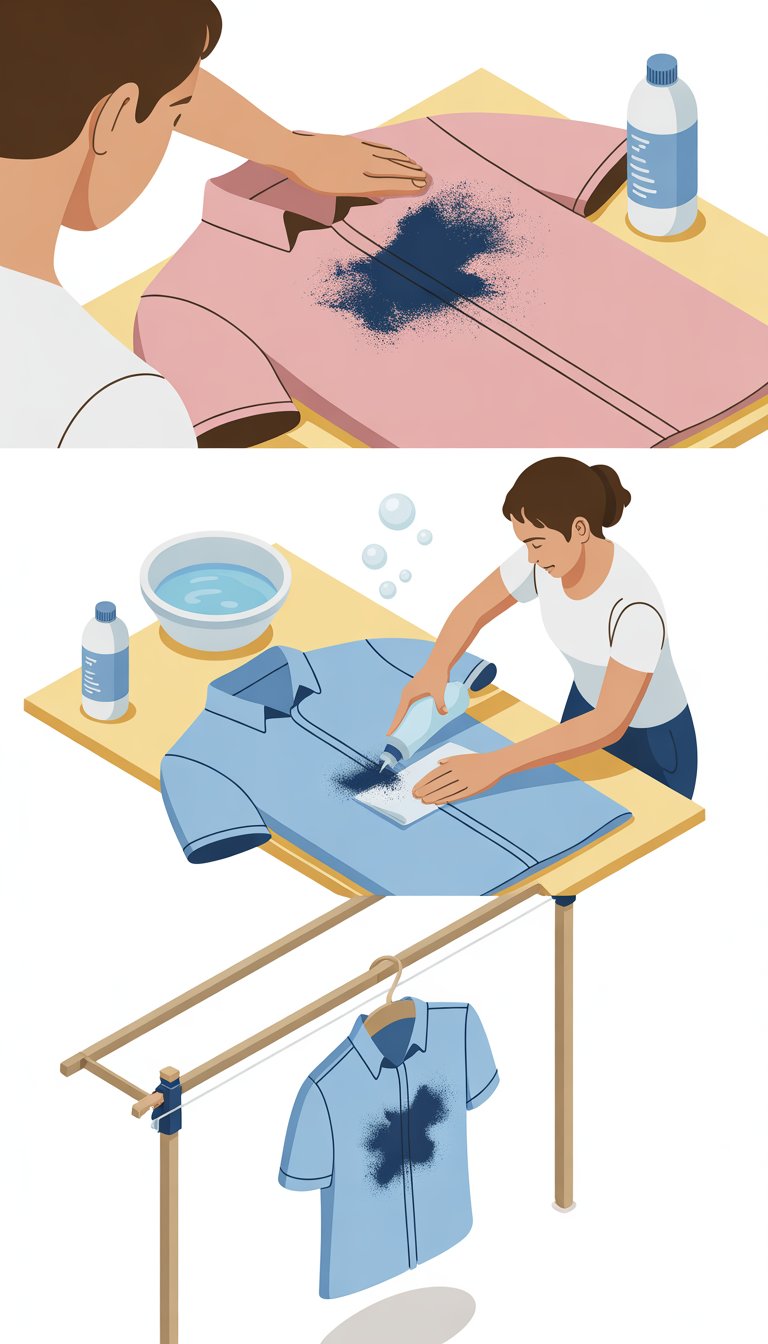 A three-part scene showing a shirt with an ink stain, a person treating the stain with cleaning solution, and the shirt drying on a clothesline with the stain removed.