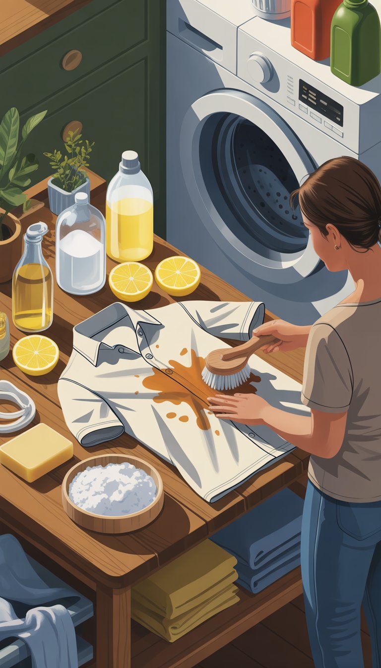 A person scrubbing an oil-stained shirt on a wooden table surrounded by natural cleaning ingredients in a laundry room with a washing machine in the background.