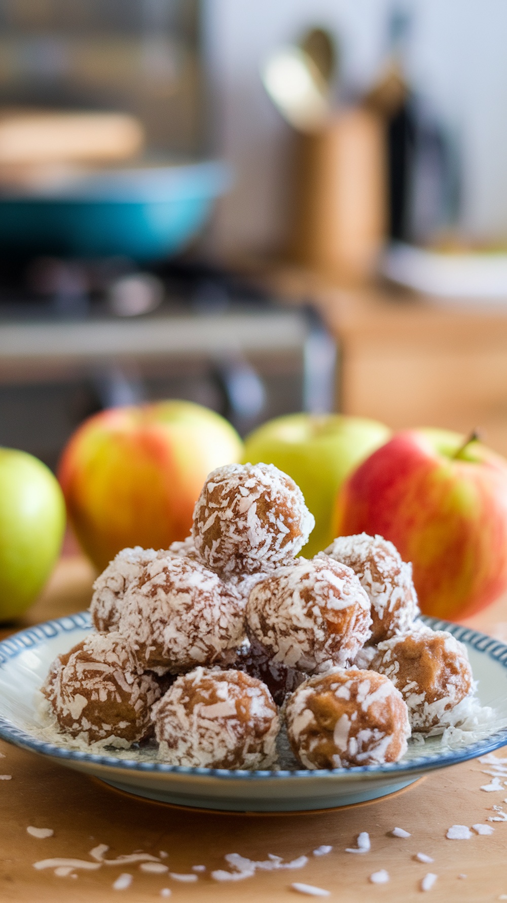 A plate of apple cinnamon energy bites with fresh apples in the background.