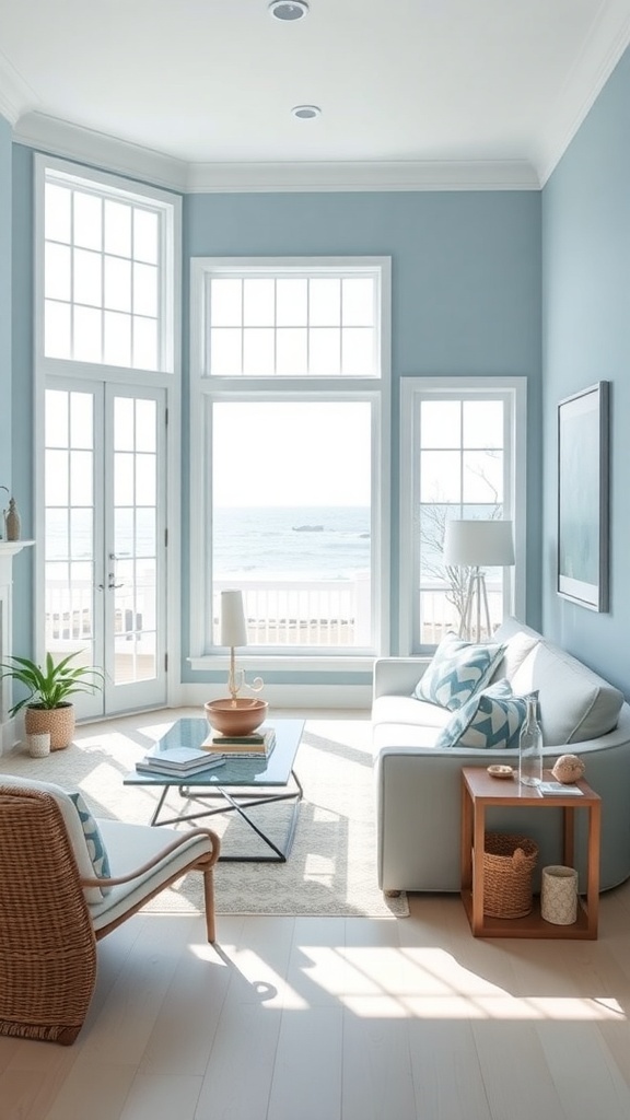A serene room painted in Sea Salt by Sherwin Williams, featuring a starfish and a decorative plate on the wall, with large windows showing a coastal view.