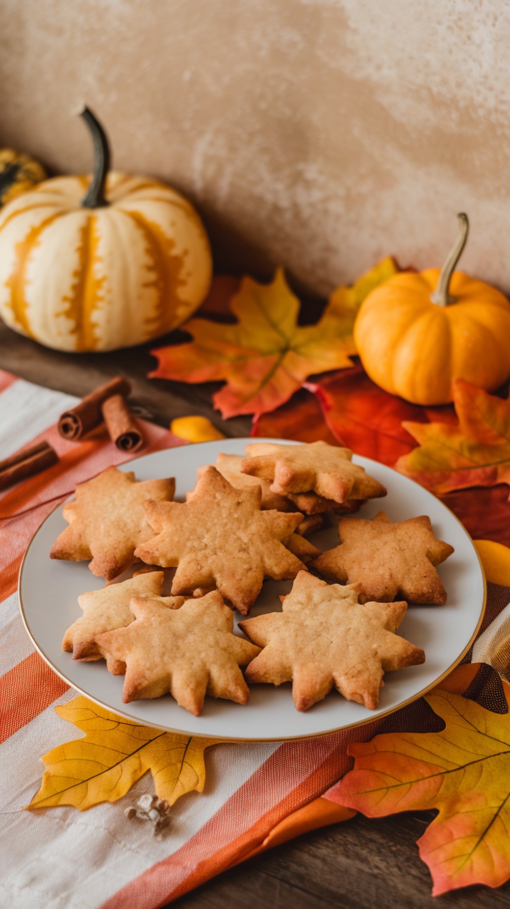 A plate of nutty maple leaf cookies surrounded by autumn leaves and pumpkins.