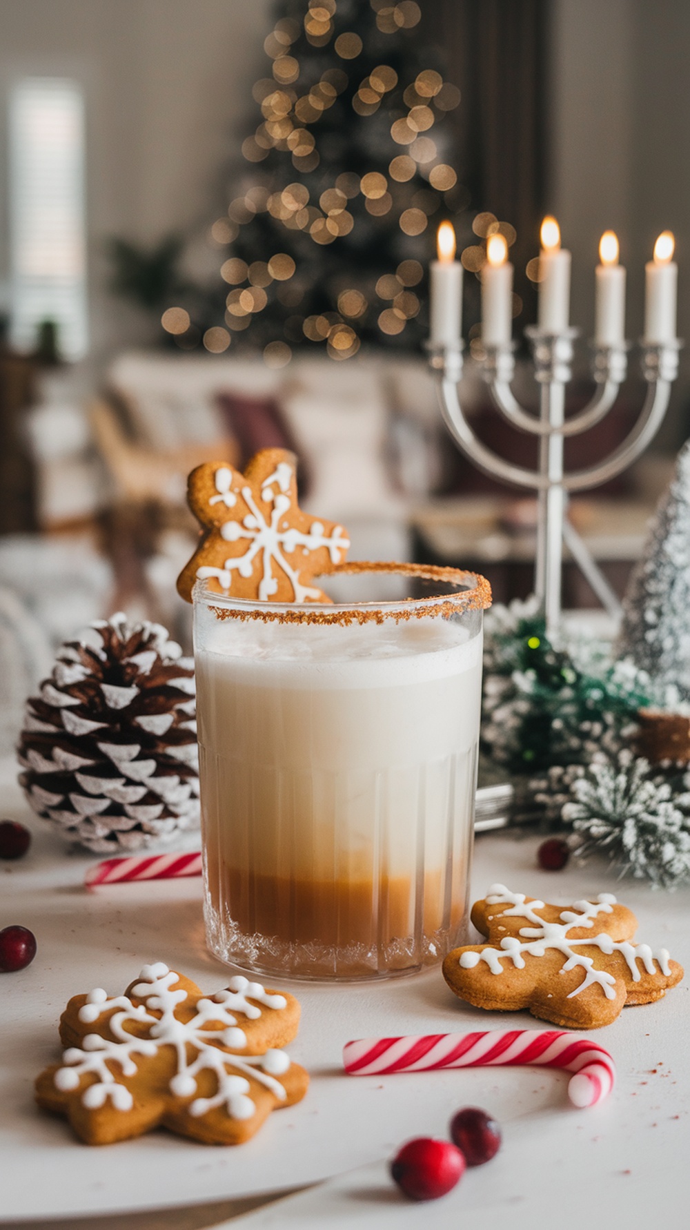 A festive Gingerbread White Russian cocktail with gingerbread cookies and holiday decorations.