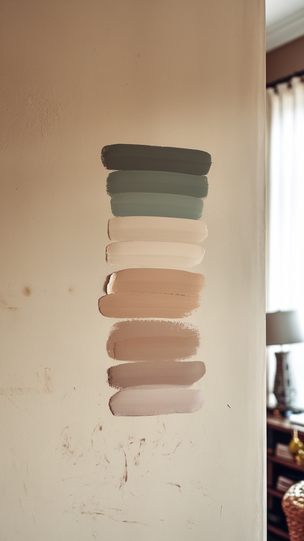 Paint swatches featuring Balanced Beige and other complementary colors on a wall