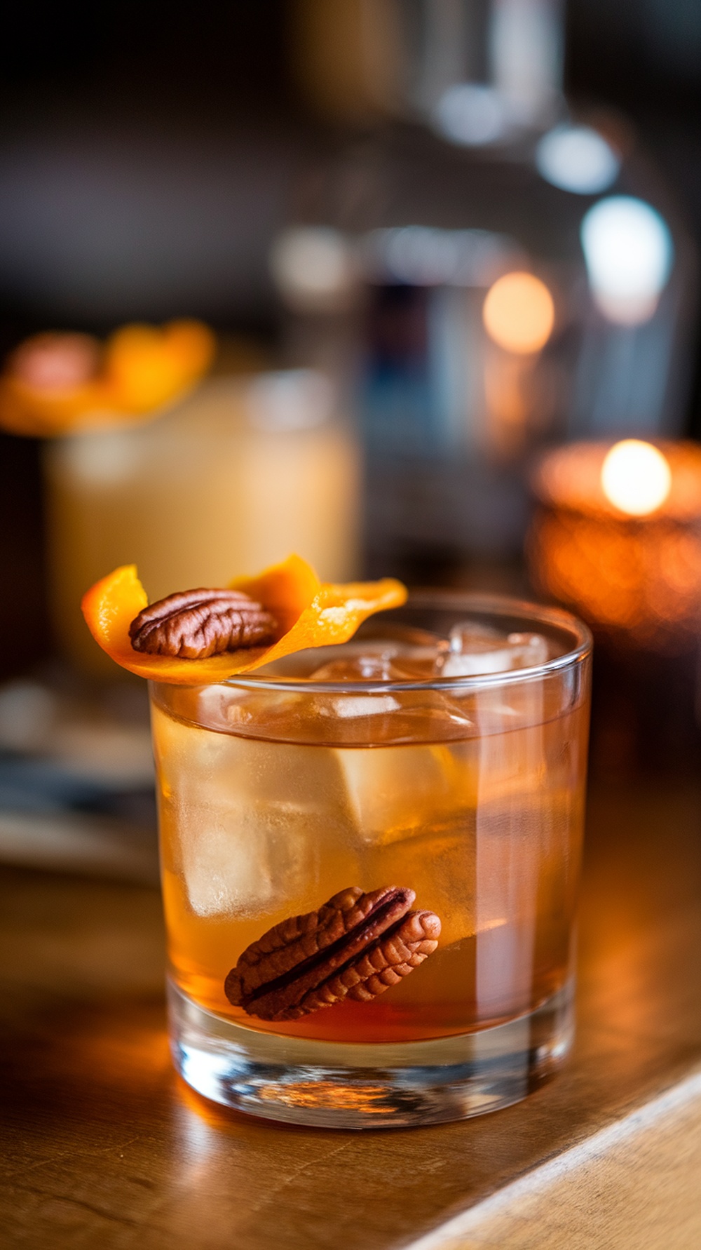 A Maple Pecan Old Fashioned cocktail garnished with pecans and orange peel.