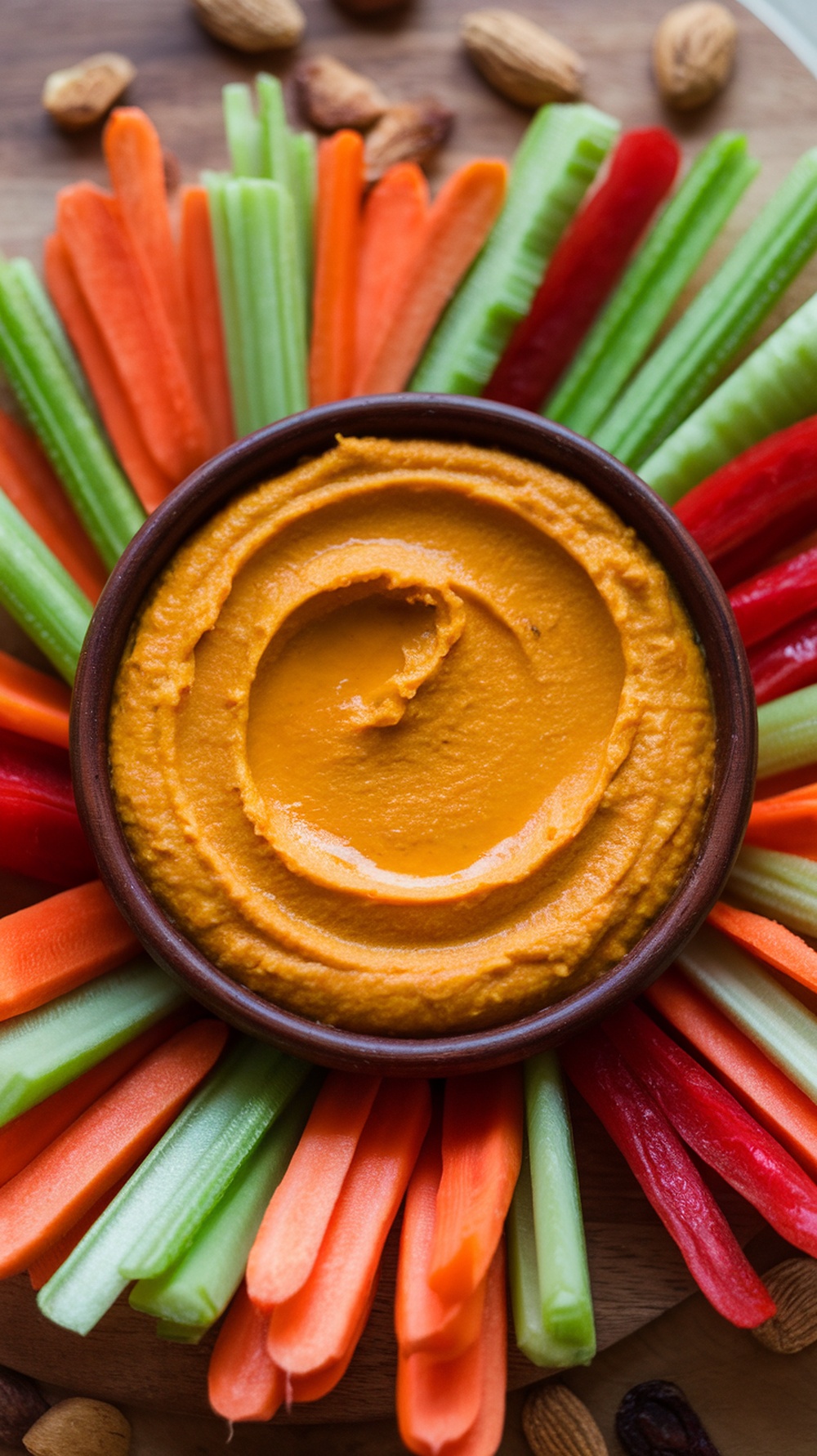 A bowl of pumpkin hummus surrounded by colorful veggie sticks.