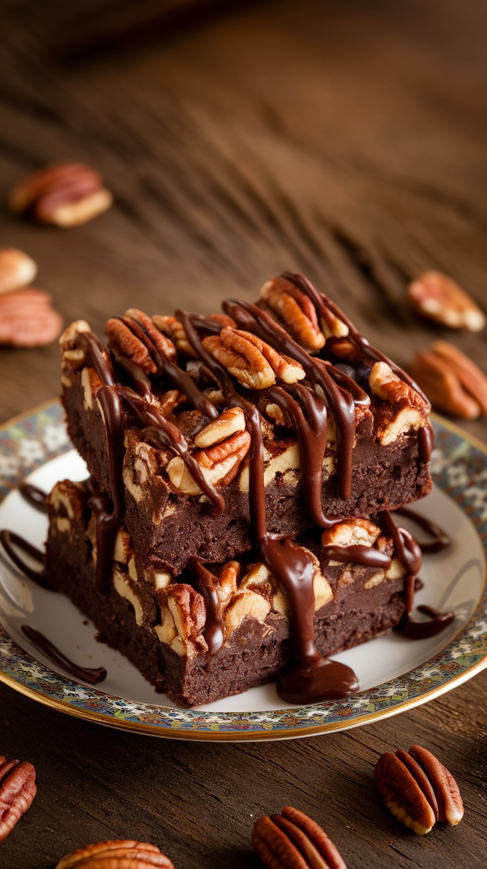 Delicious pecan pie brownies topped with pecans and drizzled with chocolate.