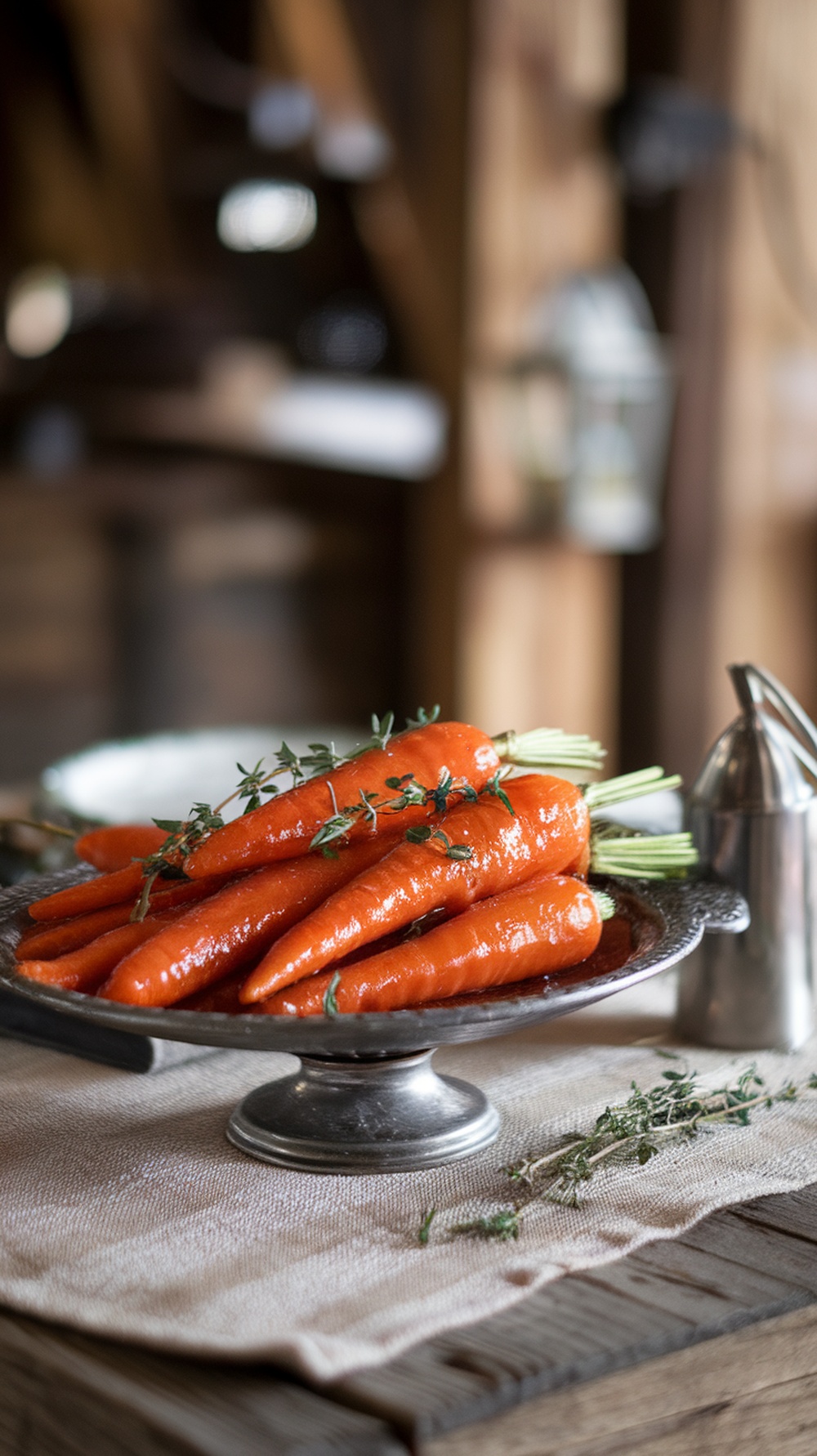 A plate of honey glazed carrots garnished with thyme, set on a rustic table.