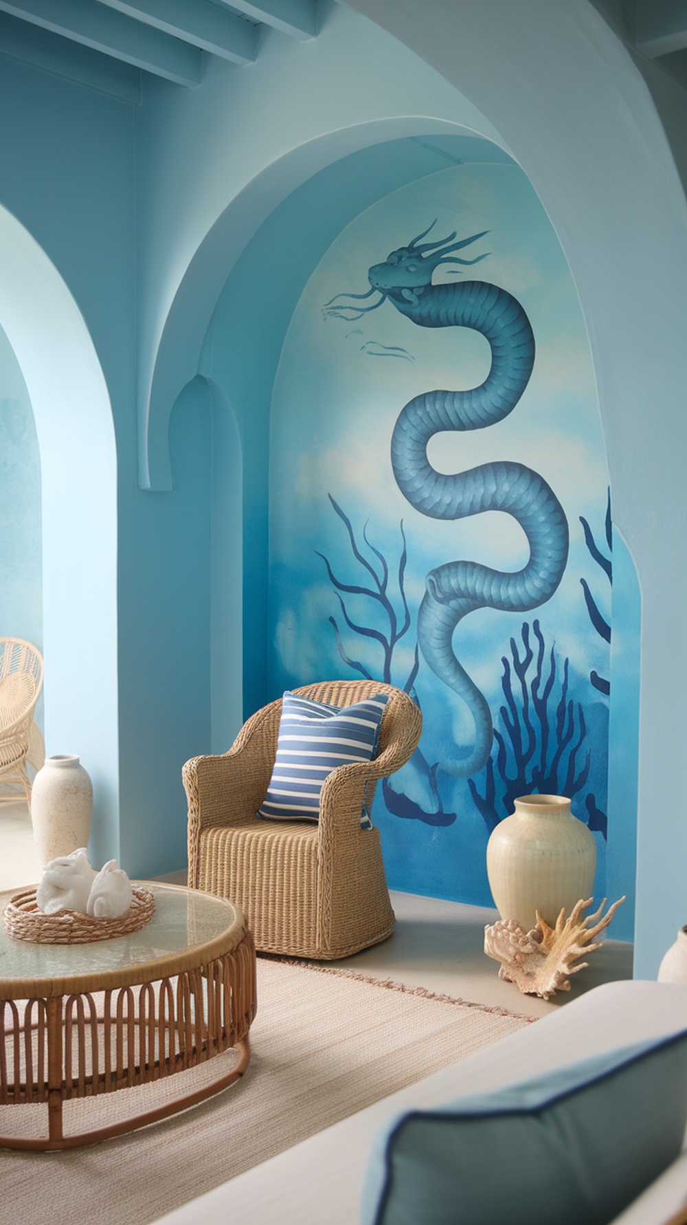 A room painted in Sea Serpent by Sherwin Williams, featuring a mural of a sea serpent and coastal decor.