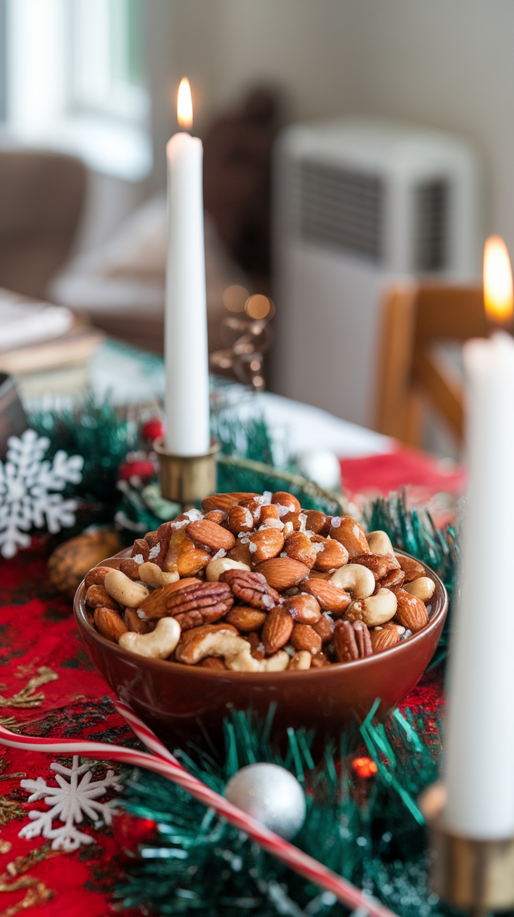 A bowl of maple glazed nuts surrounded by festive decorations.